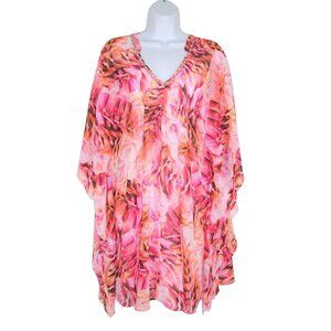 Jennifer Lopez JLO Pink Floral Dress XS Short Flowy Kimono Sleeve Rhinestone
